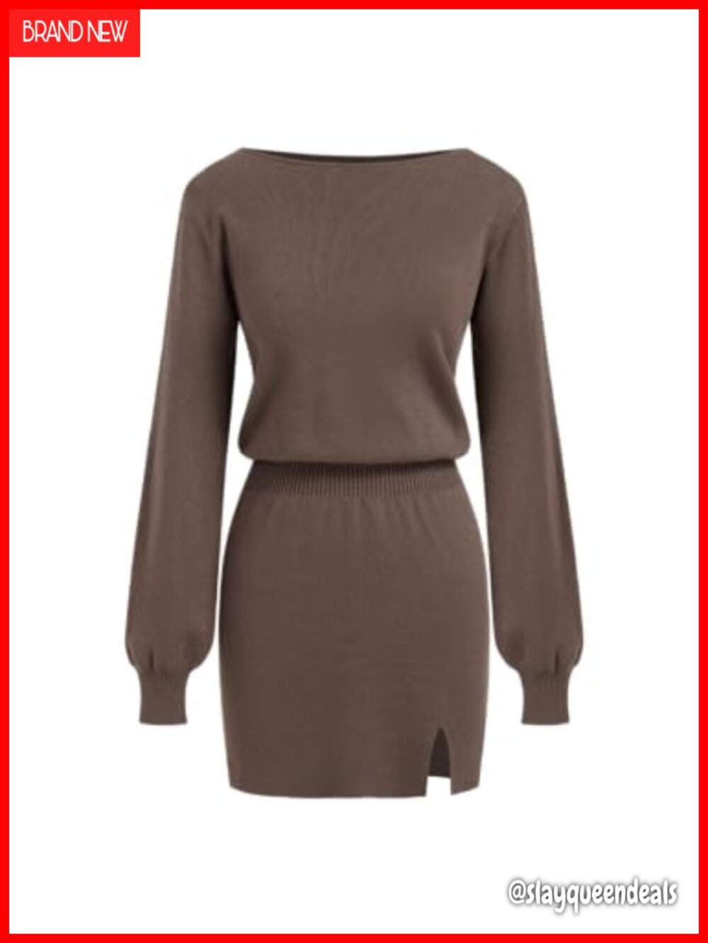 Women's Boat Neck Long Sleeve Knit Bodycon Mini Sweater Dress Side Split